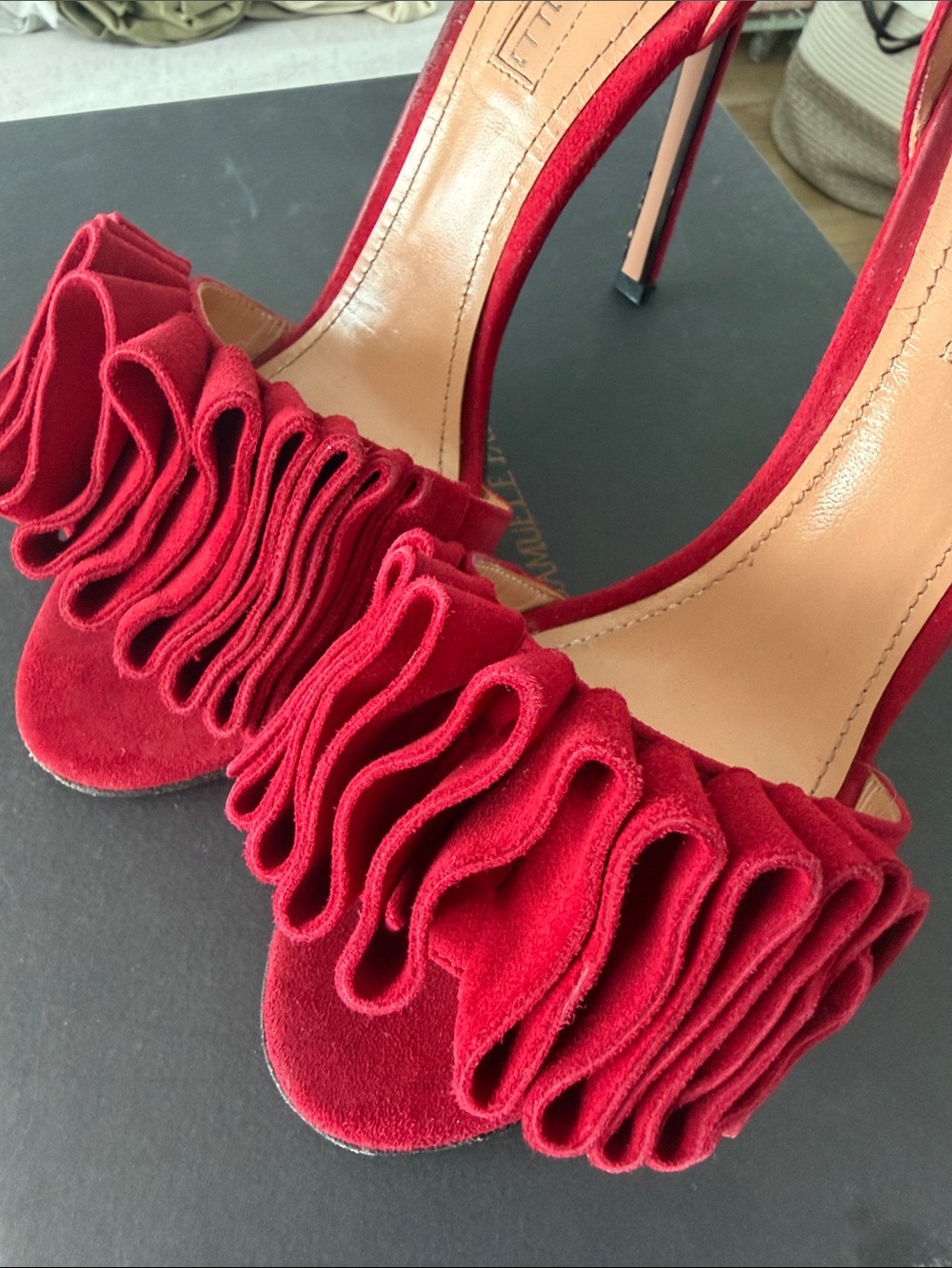Red Ruffle Suede Stiletto Heels - Women's Evening Sandals